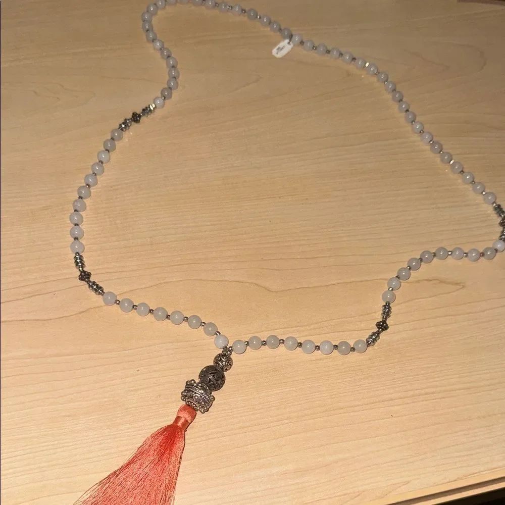 VINTAGE Hand Beaded Necklace Pink Tassle Long Necklace NEW Silver Accents
